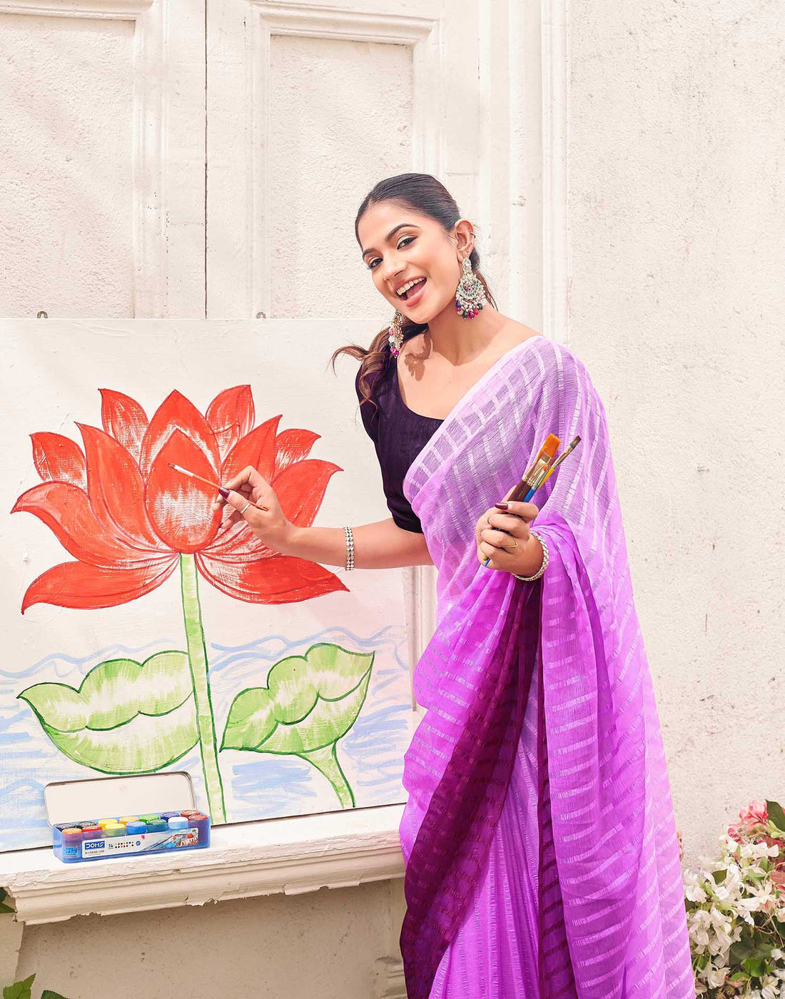 Ready To Wear Pink Chiffon Ombre Zari Stripe Saree 