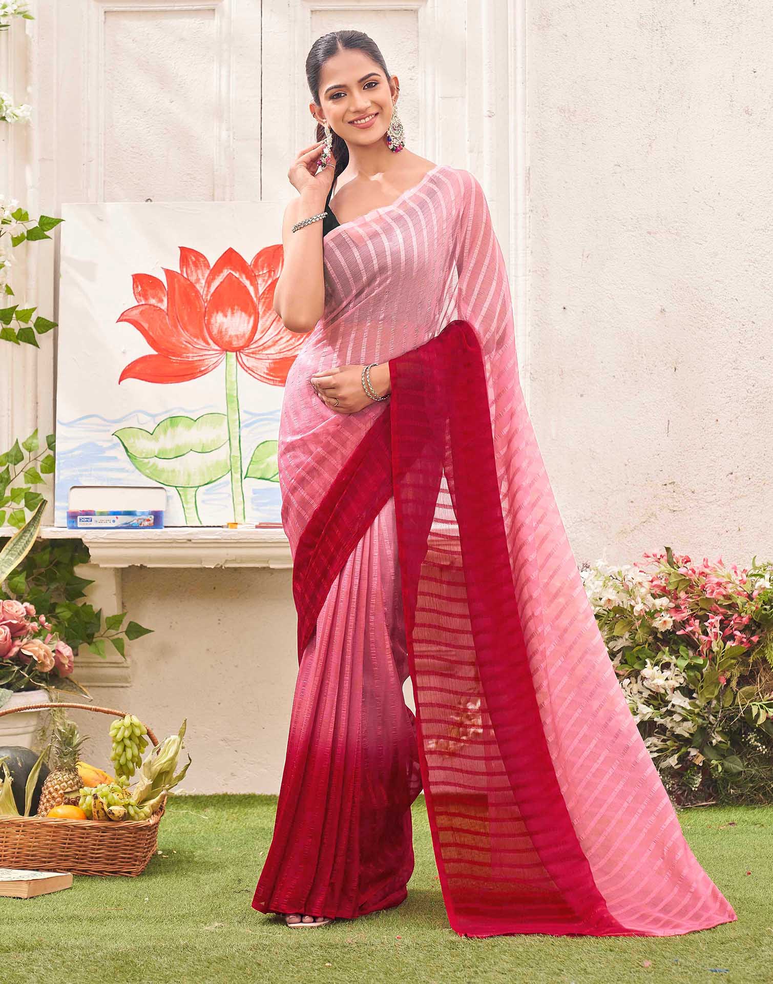Ready To Wear Light Pink Chiffon Ombre Zari Stripe Saree 