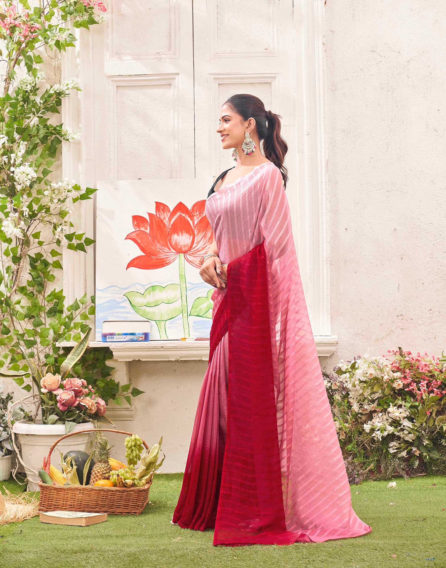 Ready To Wear Light Pink Chiffon Ombre Zari Stripe Saree 
