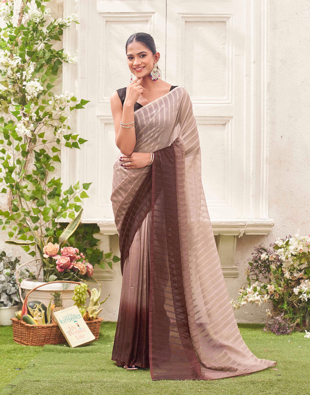Ready To Wear Mauve Chiffon Ombre Zari Stripe Saree