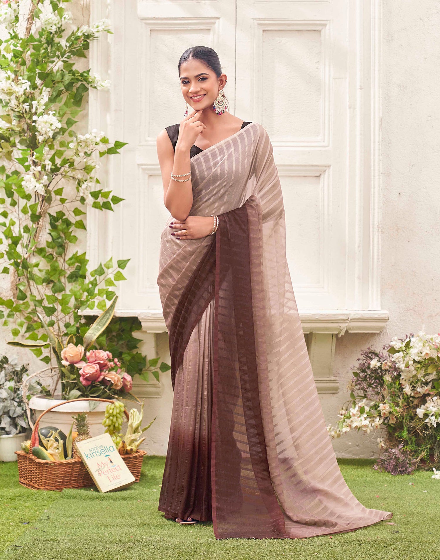 Ready To Wear Mauve Chiffon Ombre Zari Stripe Saree 