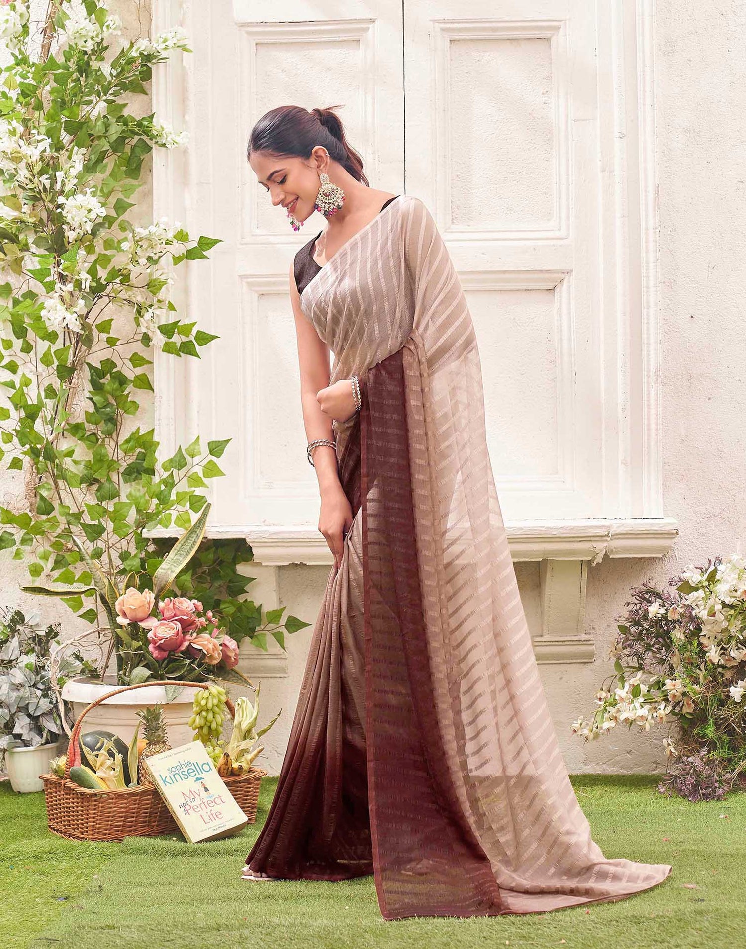 Ready To Wear Mauve Chiffon Ombre Zari Stripe Saree 