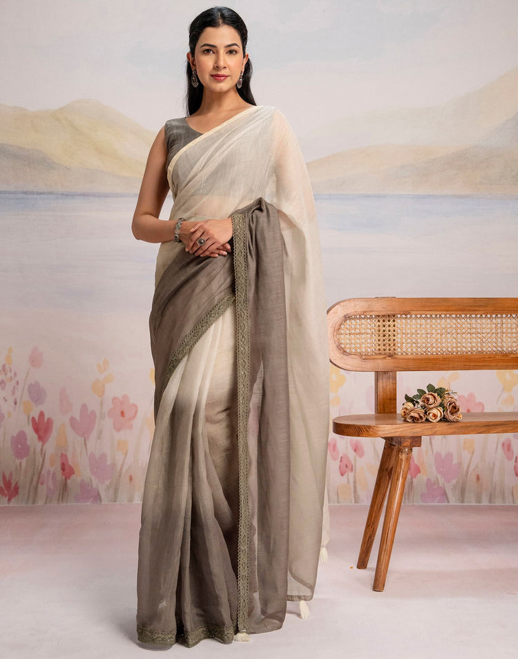 Ready To Wear Khaki Linen Ombre Lace Saree With Pocket