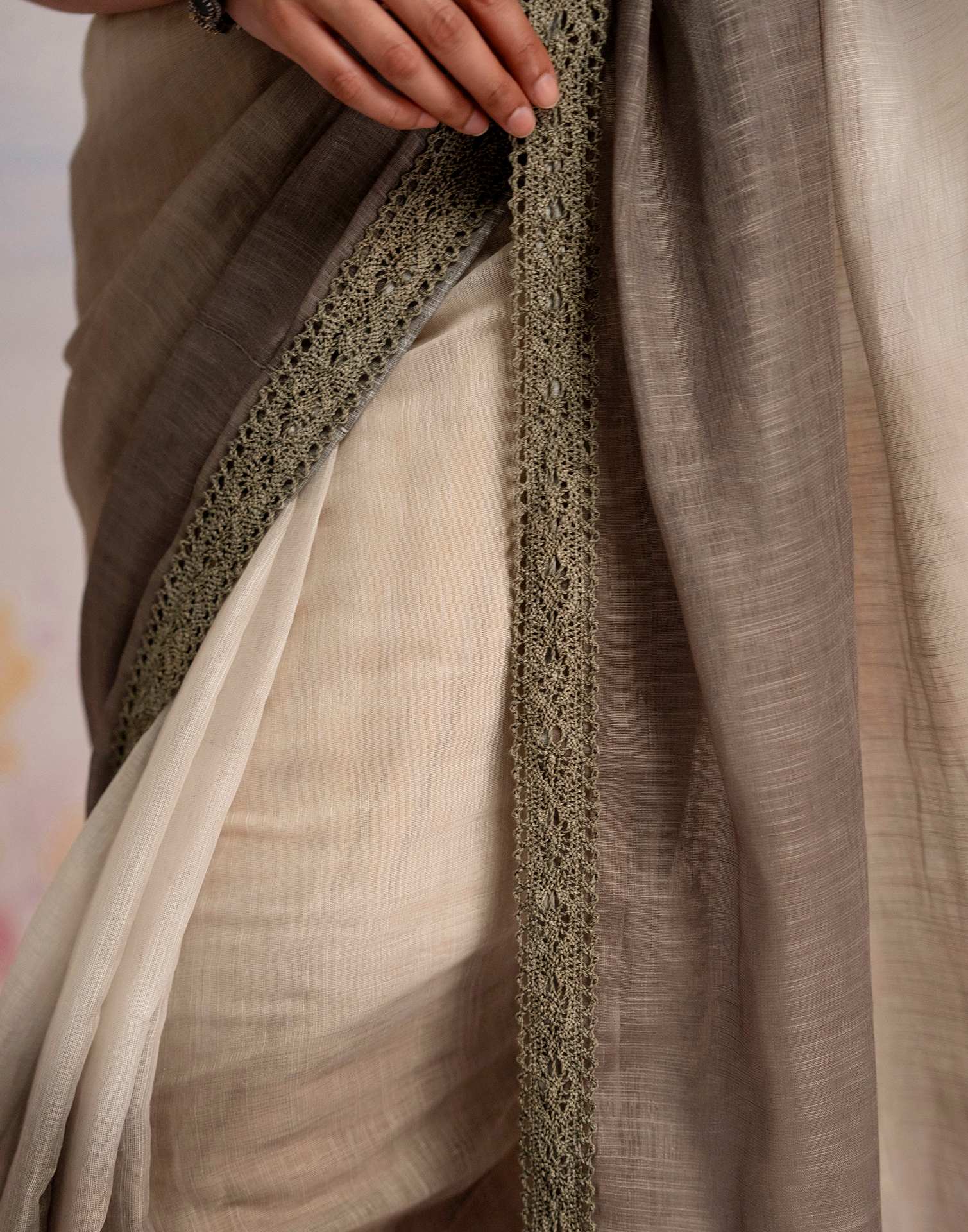 Ready To Wear Khaki Linen Ombre Lace Saree With Pocket