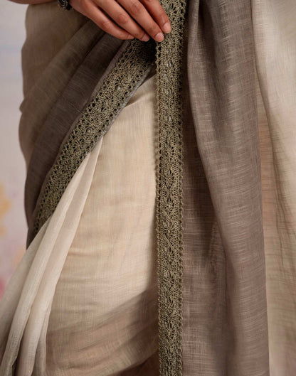 Ready To Wear Khaki Linen Ombre Lace Saree With Pocket