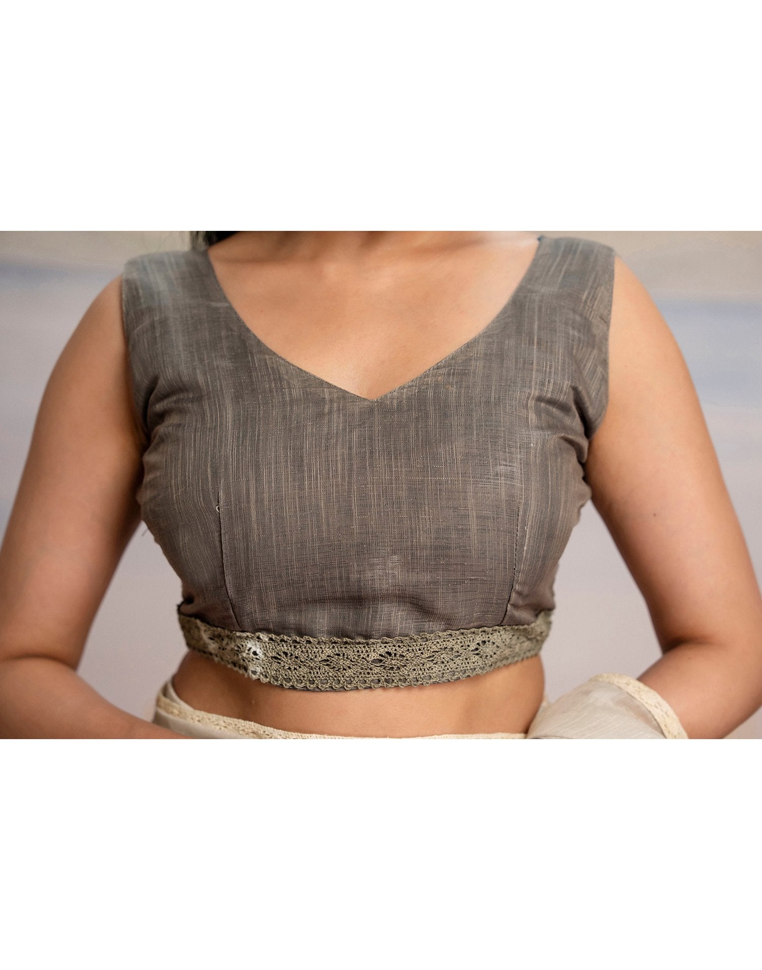 Ready To Wear Khaki Linen Ombre Lace Saree With Pocket