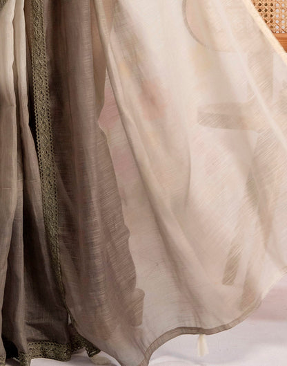 Ready To Wear Khaki Linen Ombre Lace Saree With Pocket