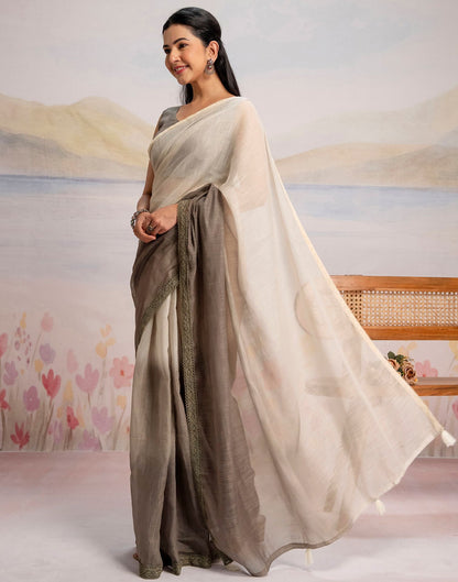 Ready To Wear Khaki Linen Ombre Lace Saree With Pocket