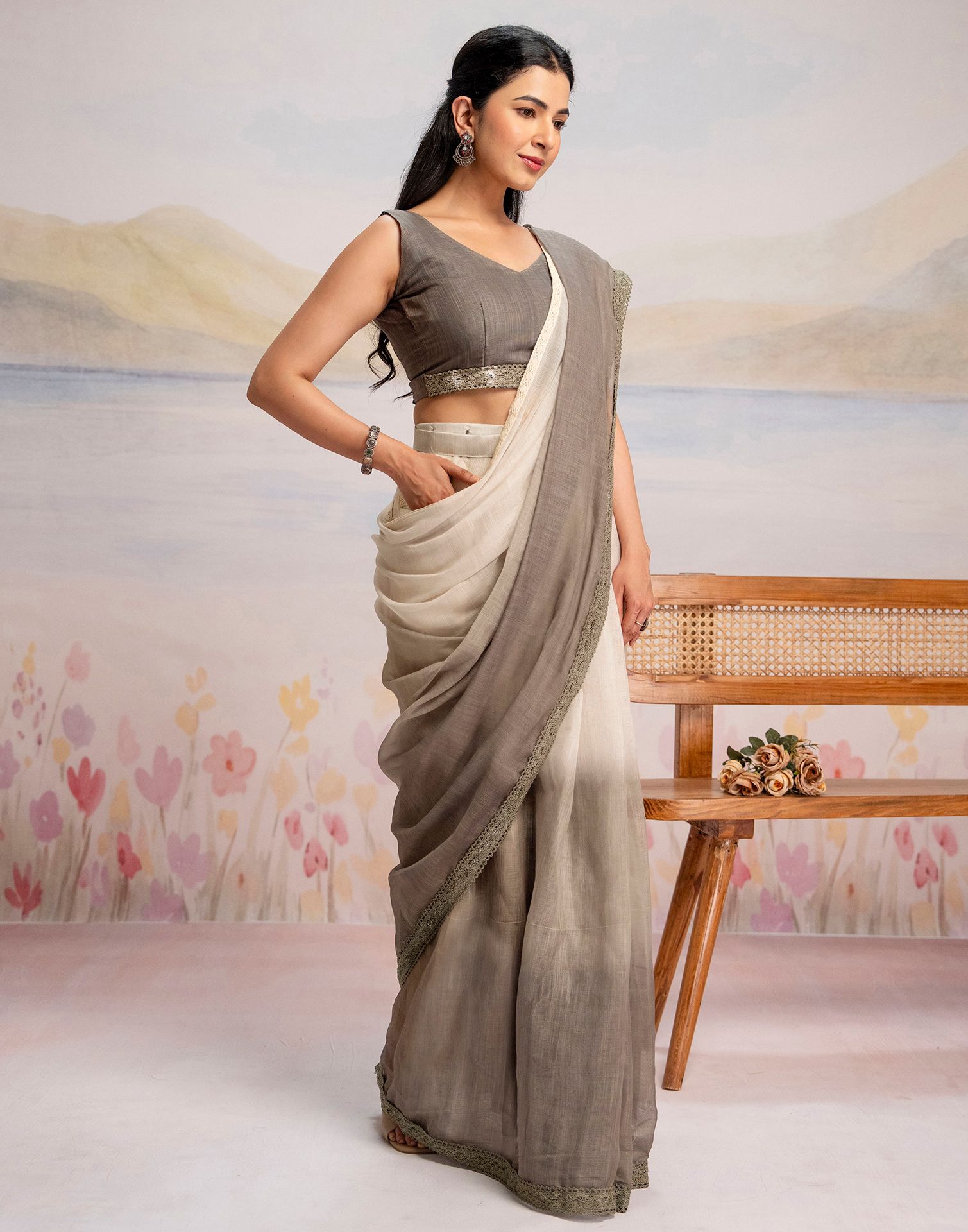 Ready To Wear Khaki Linen Ombre Lace Saree With Pocket