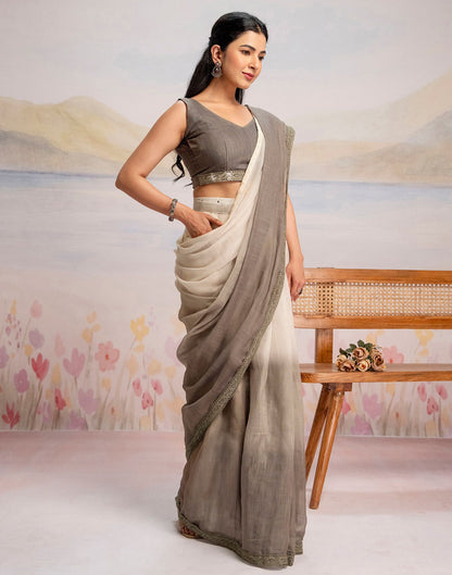 Ready To Wear Khaki Linen Ombre Lace Saree With Pocket