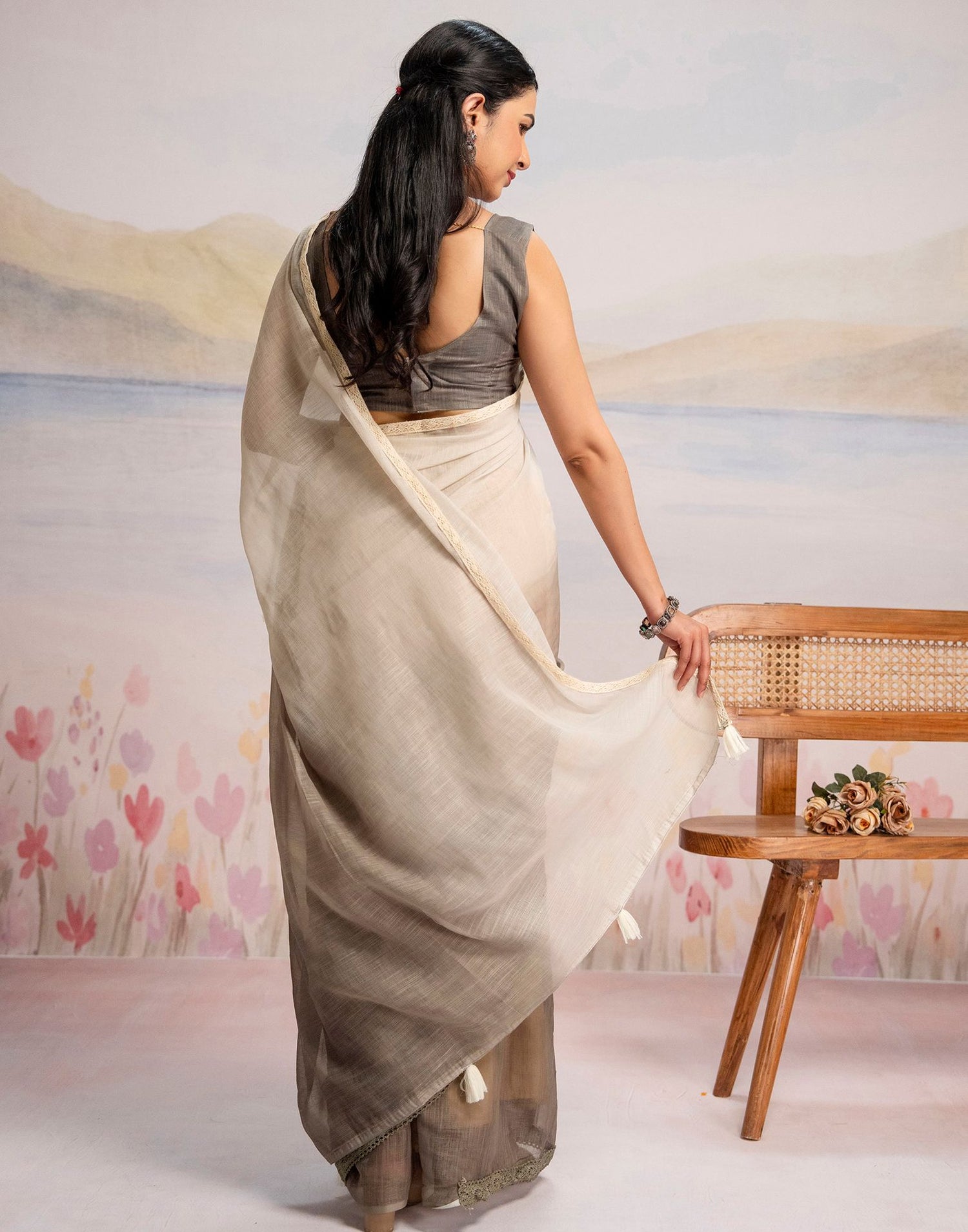Ready To Wear Khaki Linen Ombre Lace Saree With Pocket