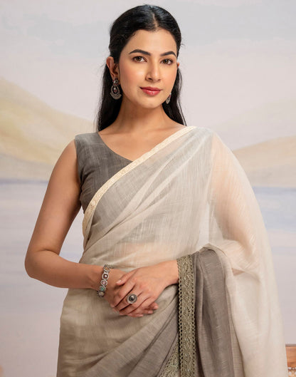 Ready To Wear Khaki Linen Ombre Lace Saree With Pocket