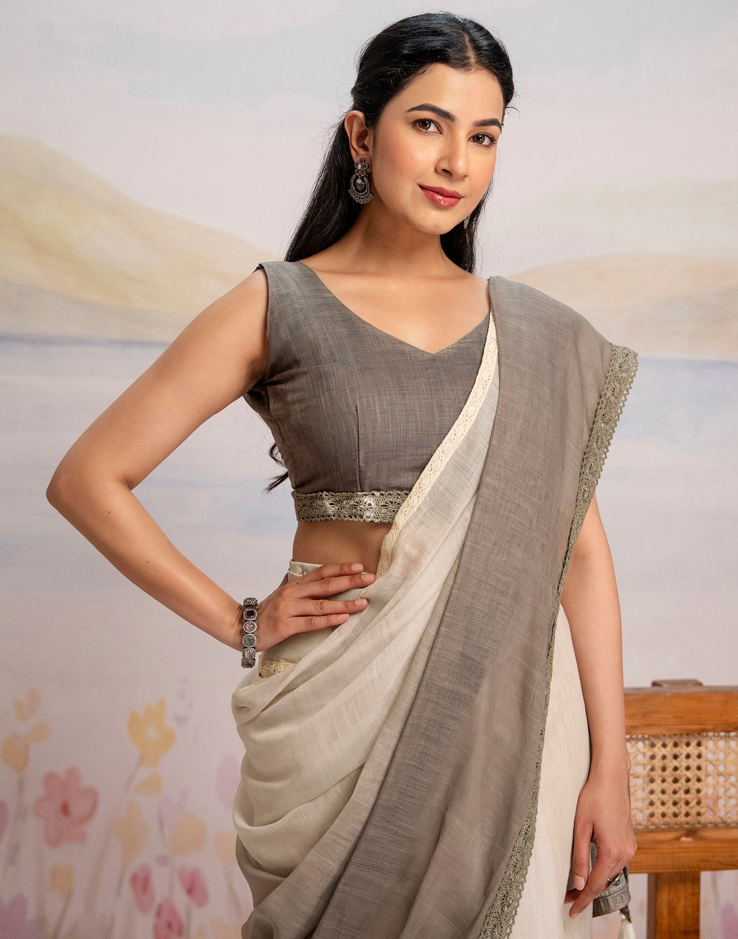 Ready To Wear Khaki Linen Ombre Lace Saree With Pocket