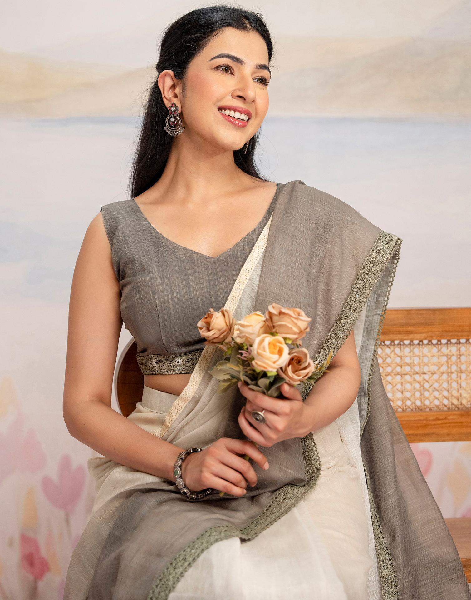 Ready To Wear Khaki Linen Ombre Lace Saree With Pocket