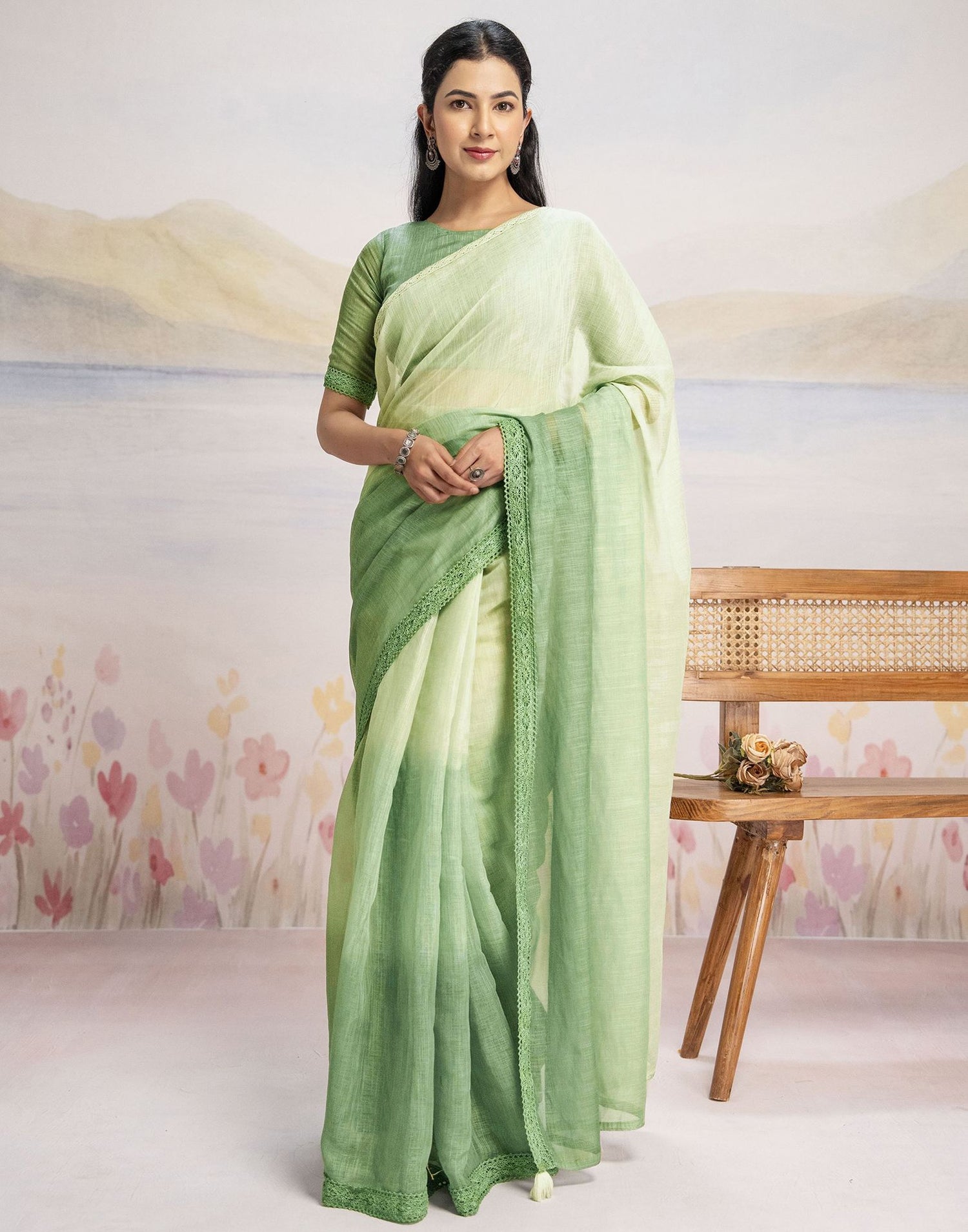 Ready To Wear Dark Pista Green Linen Ombre Lace Saree With Pocket