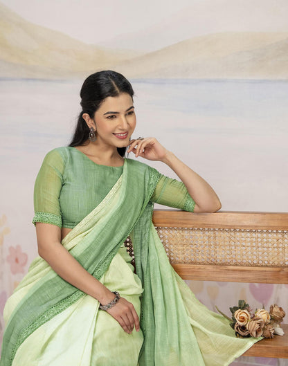 Ready To Wear Dark Pista Green Linen Ombre Lace Saree With Pocket