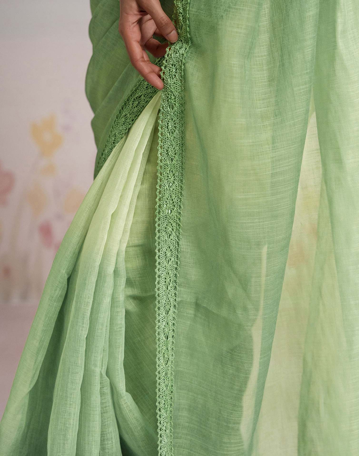 Ready To Wear Dark Pista Green Linen Ombre Lace Saree With Pocket