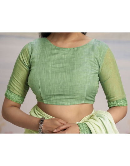 Ready To Wear Dark Pista Green Linen Ombre Lace Saree With Pocket