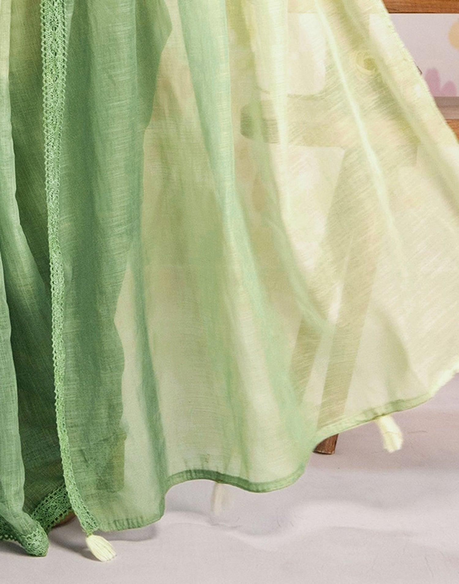 Ready To Wear Dark Pista Green Linen Ombre Lace Saree With Pocket