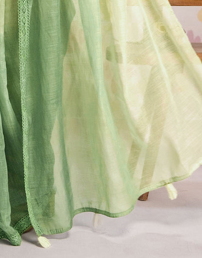 Ready To Wear Dark Pista Green Linen Ombre Lace Saree With Pocket