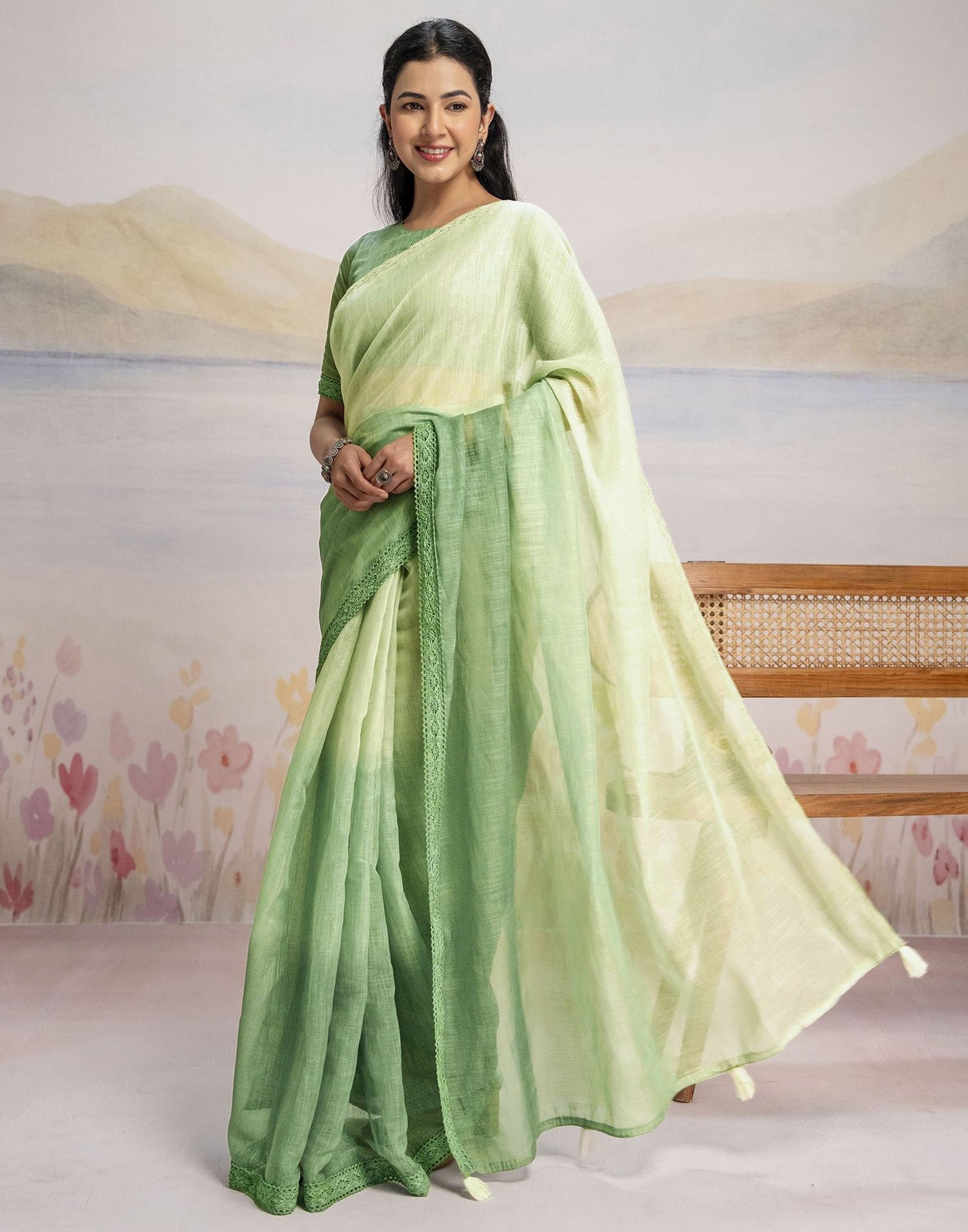 Ready To Wear Dark Pista Green Linen Ombre Lace Saree With Pocket