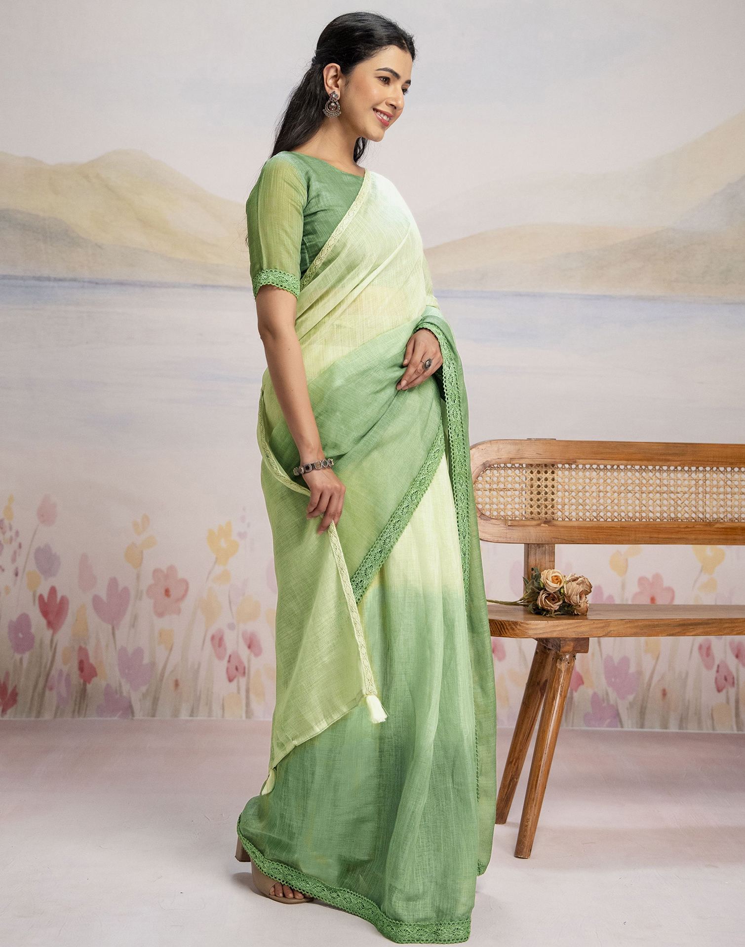 Ready To Wear Dark Pista Green Linen Ombre Lace Saree With Pocket