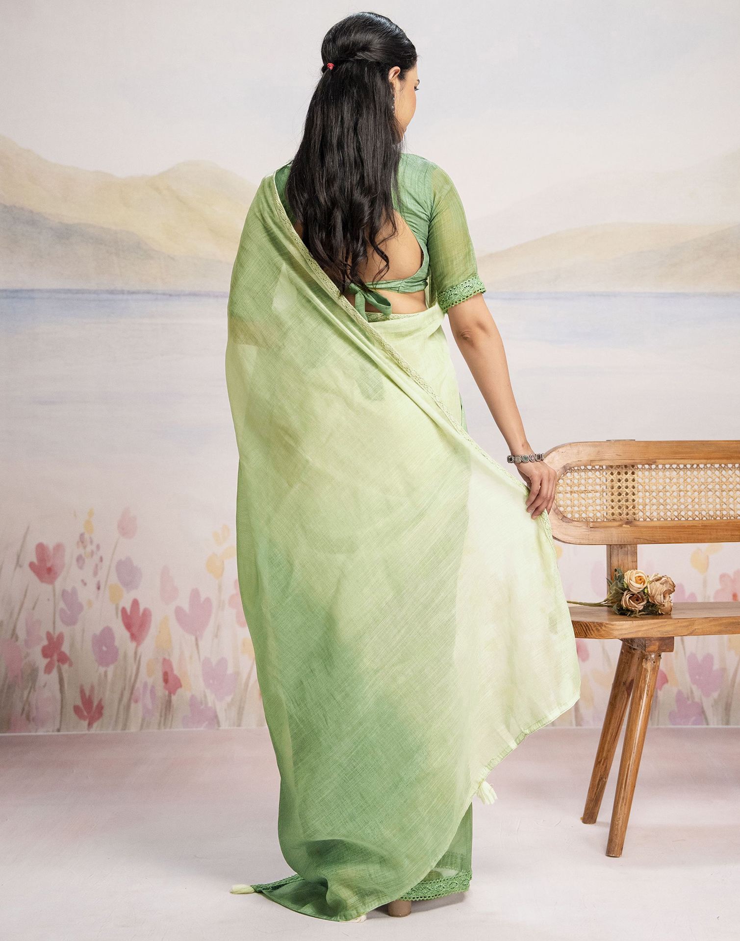 Ready To Wear Dark Pista Green Linen Ombre Lace Saree With Pocket