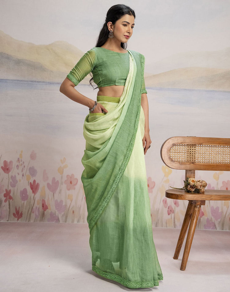 Ready To Wear Dark Pista Green Linen Ombre Lace Saree With Pocket