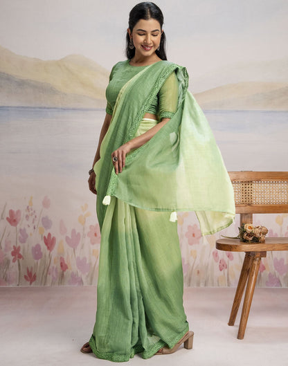 Ready To Wear Dark Pista Green Linen Ombre Lace Saree With Pocket