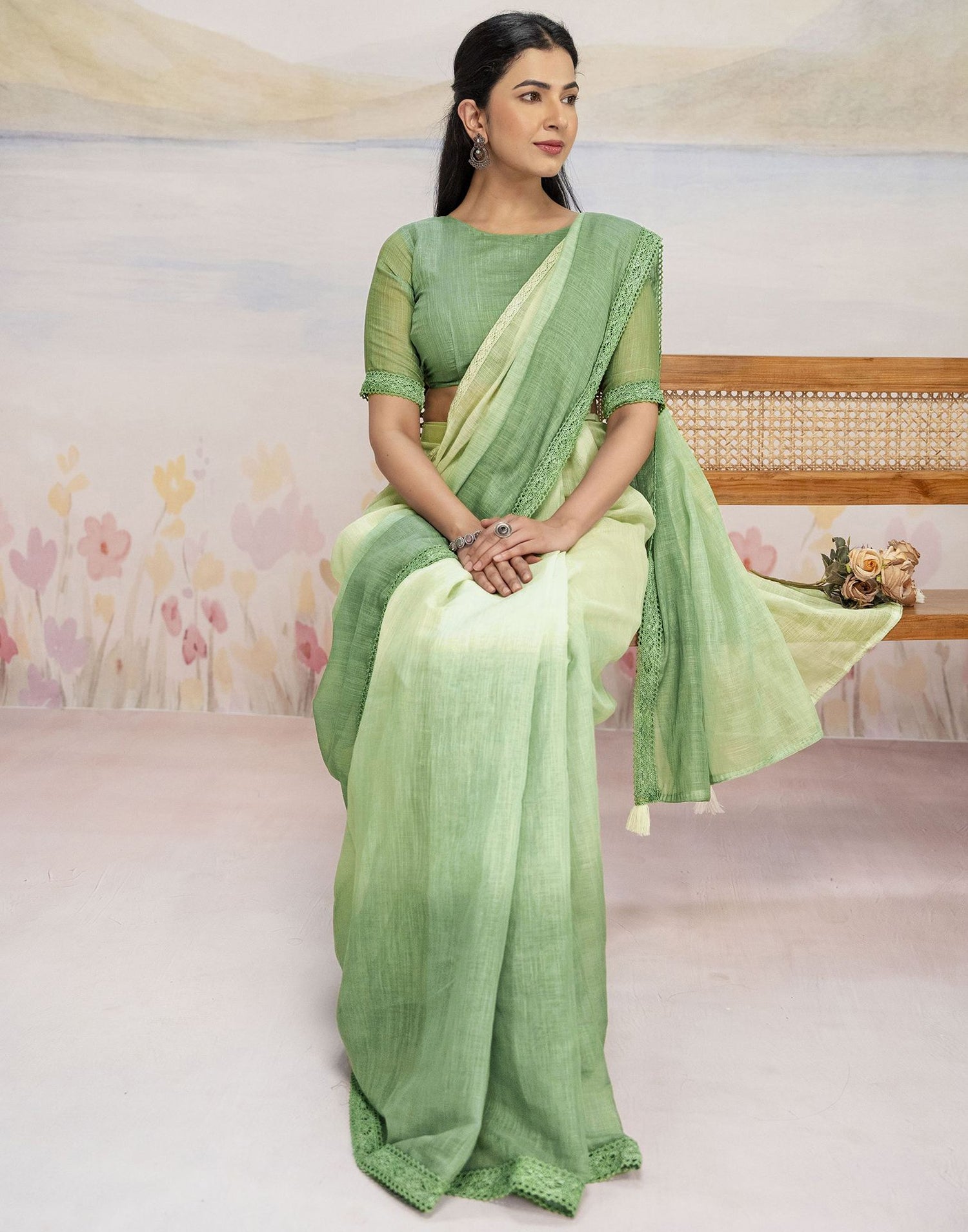 Ready To Wear Dark Pista Green Linen Ombre Lace Saree With Pocket