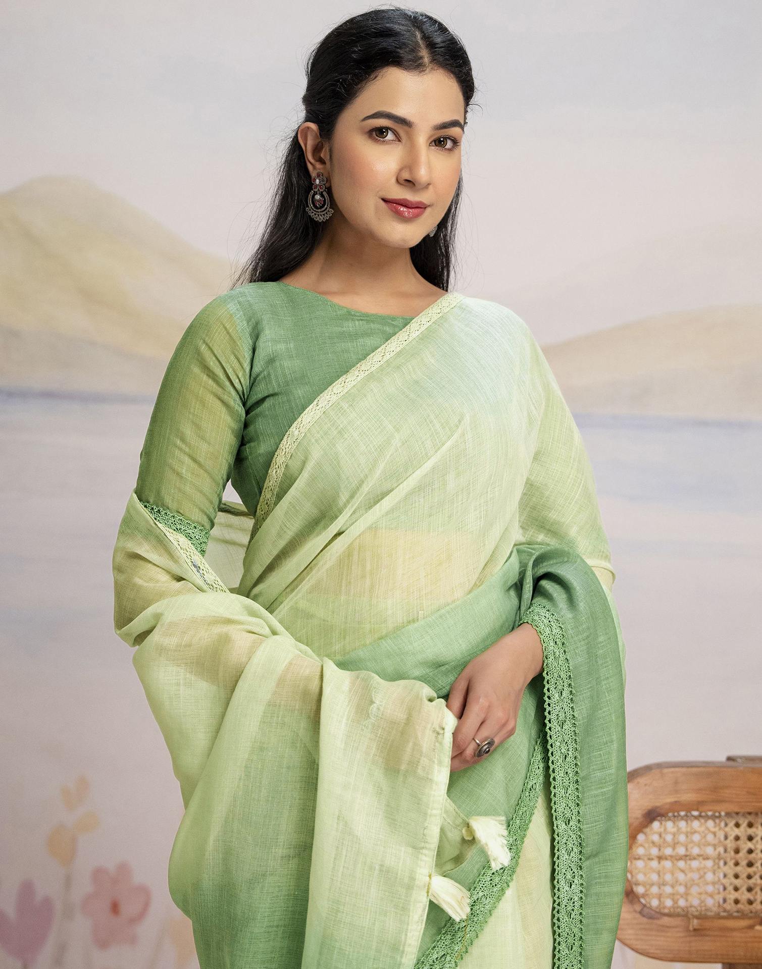 Ready To Wear Dark Pista Green Linen Ombre Lace Saree With Pocket