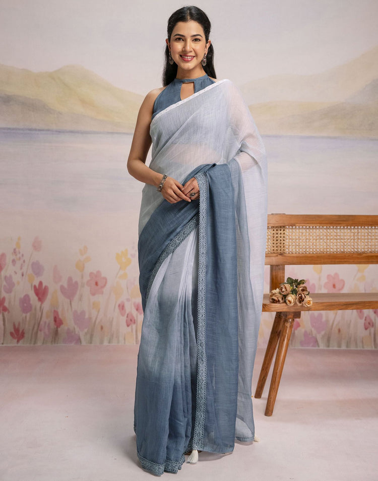 Ready To Wear Dark Grey Linen Ombre Lace Saree With Pocket