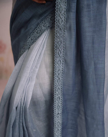 Ready To Wear Dark Grey Linen Ombre Lace Saree With Pocket