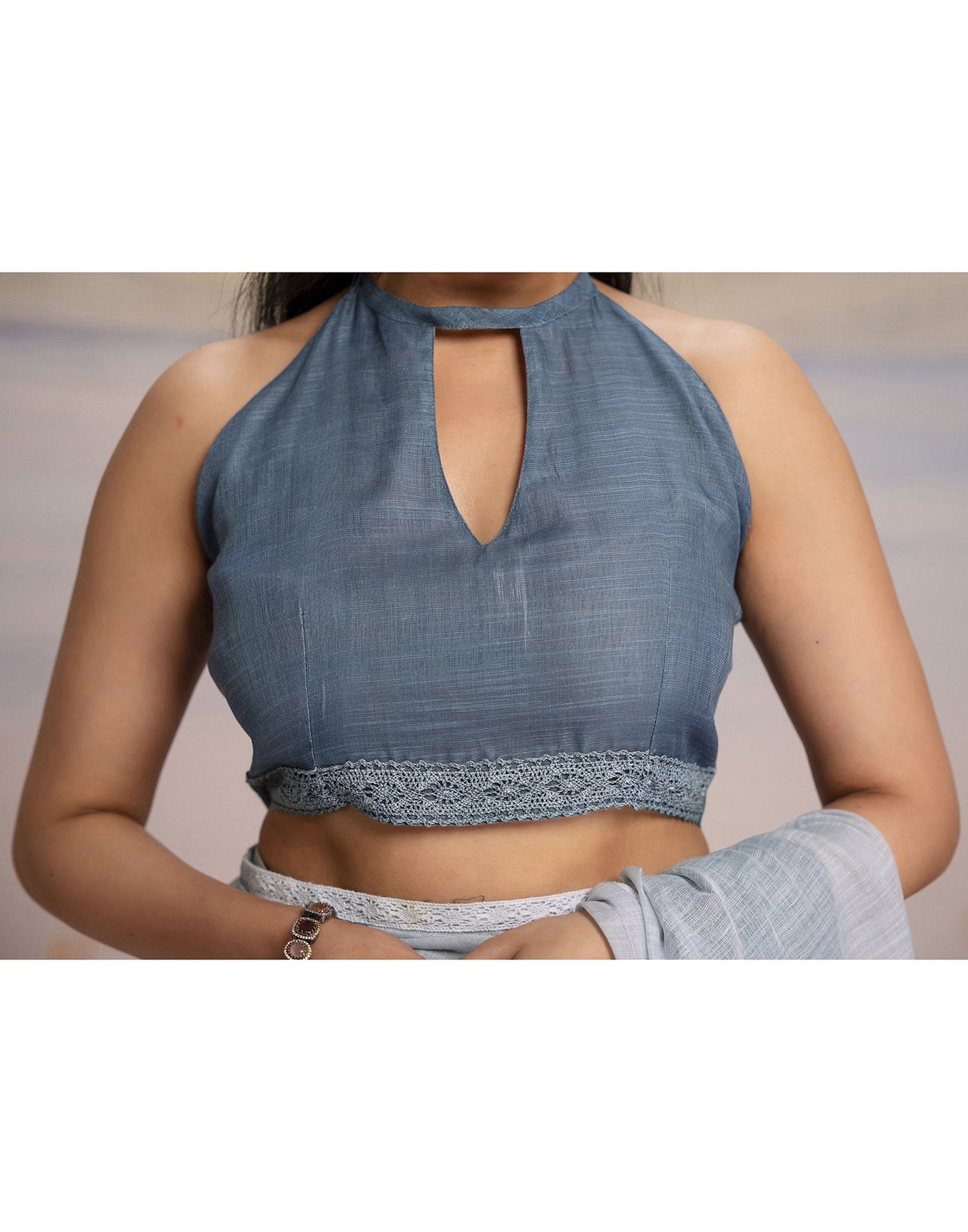 Ready To Wear Dark Grey Linen Ombre Lace Saree With Pocket