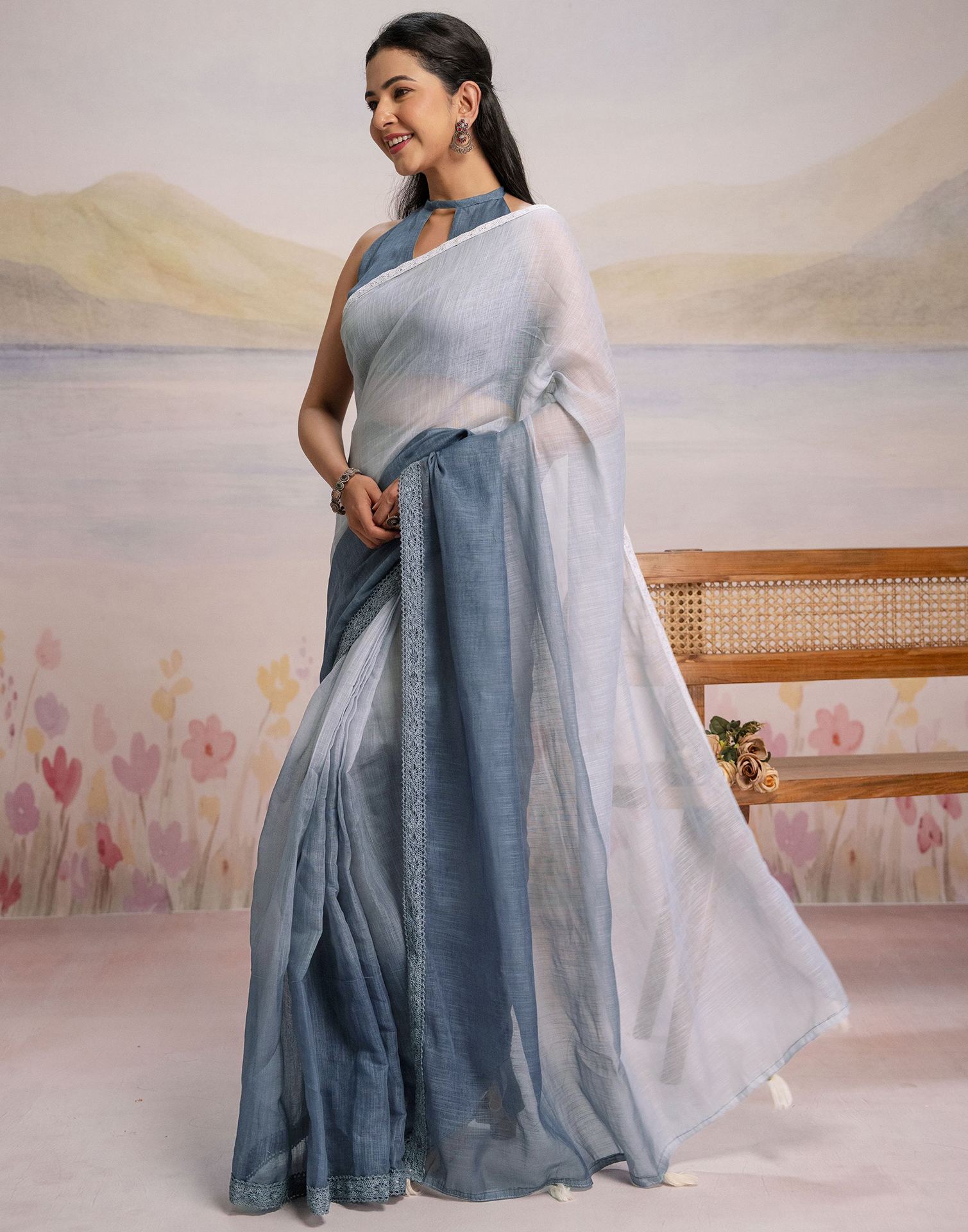 Ready To Wear Dark Grey Linen Ombre Lace Saree With Pocket