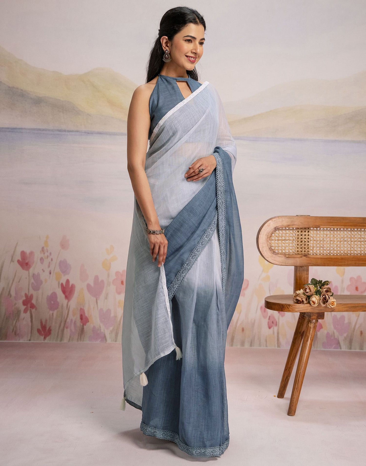 Ready To Wear Dark Grey Linen Ombre Lace Saree With Pocket