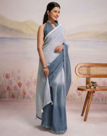 Ready To Wear Dark Grey Linen Ombre Lace Saree With Pocket