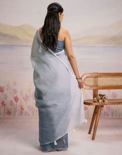 Ready To Wear Dark Grey Linen Ombre Lace Saree With Pocket