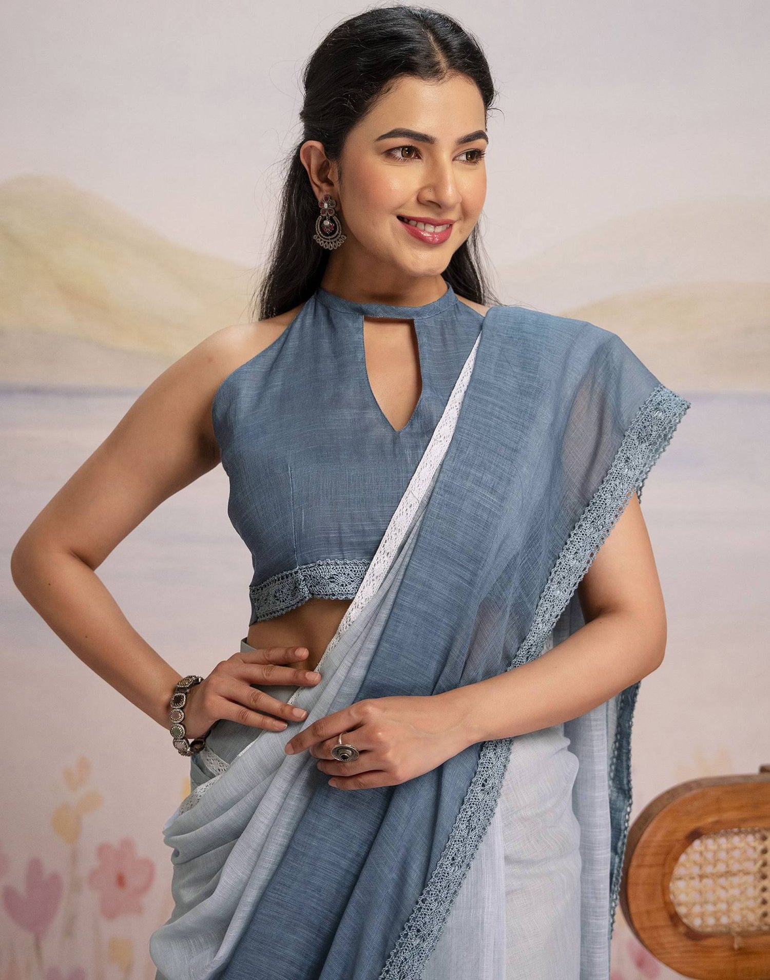 Ready To Wear Dark Grey Linen Ombre Lace Saree With Pocket