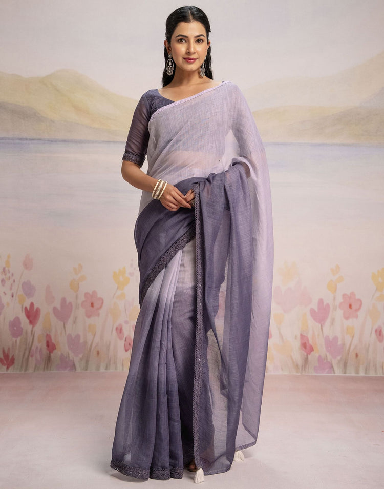 Ready To Wear Dusty Purple Linen Ombre Lace Saree With Pocket