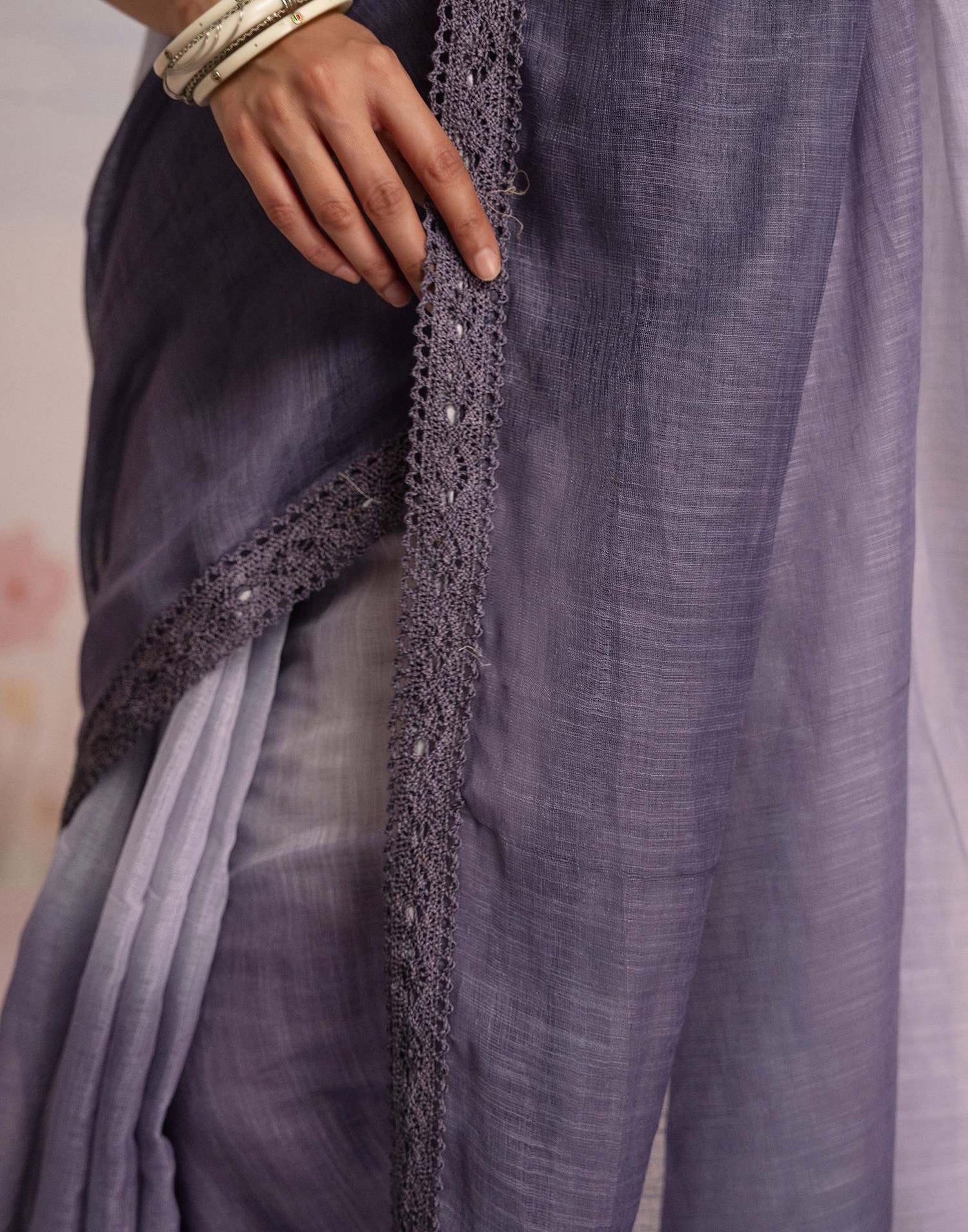 Ready To Wear Dusty Purple Linen Ombre Lace Saree With Pocket