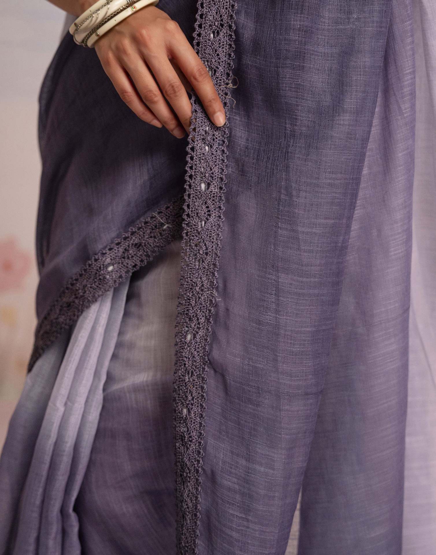 Ready To Wear Dusty Purple Linen Ombre Lace Saree With Pocket