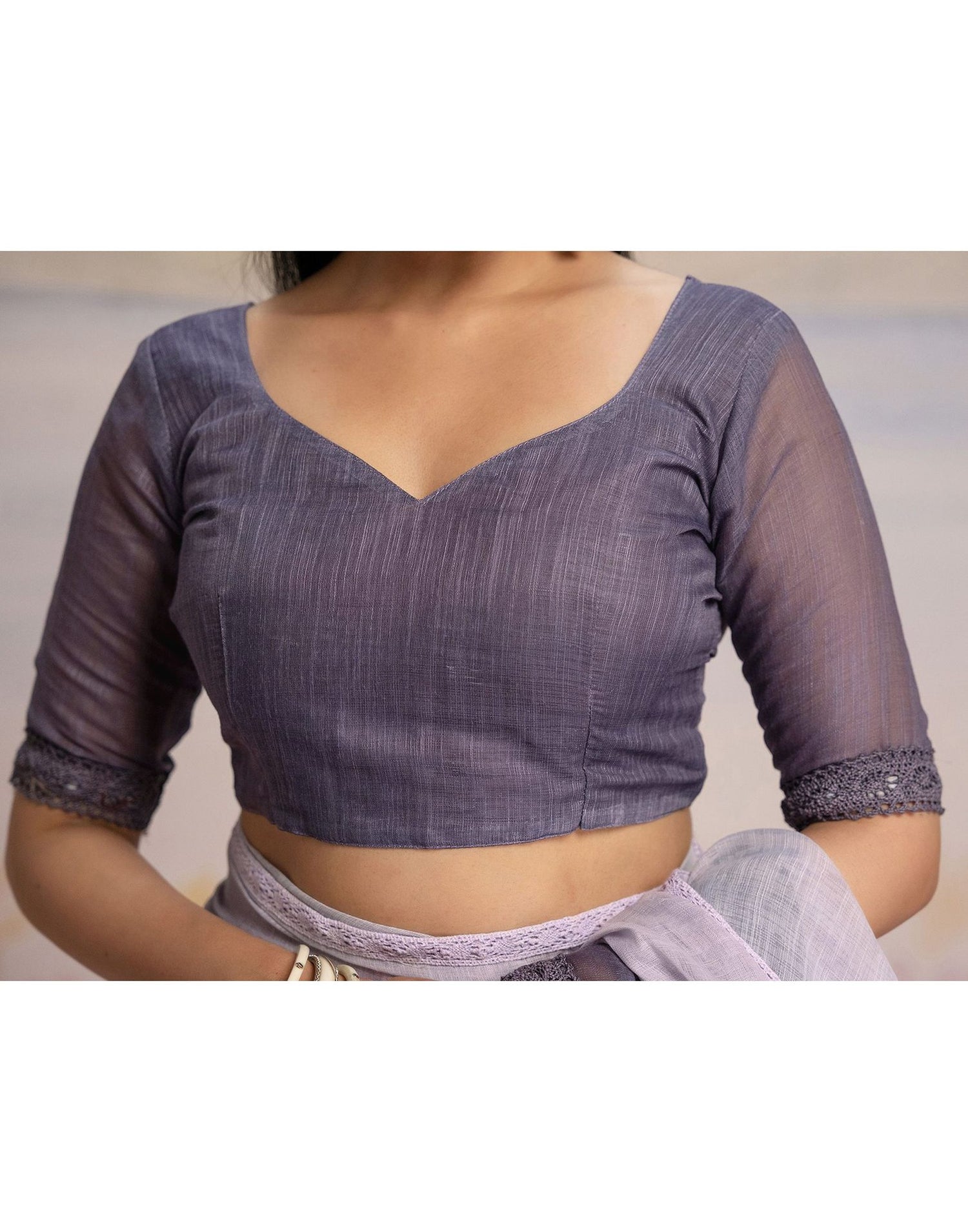 Ready To Wear Dusty Purple Linen Ombre Lace Saree With Pocket