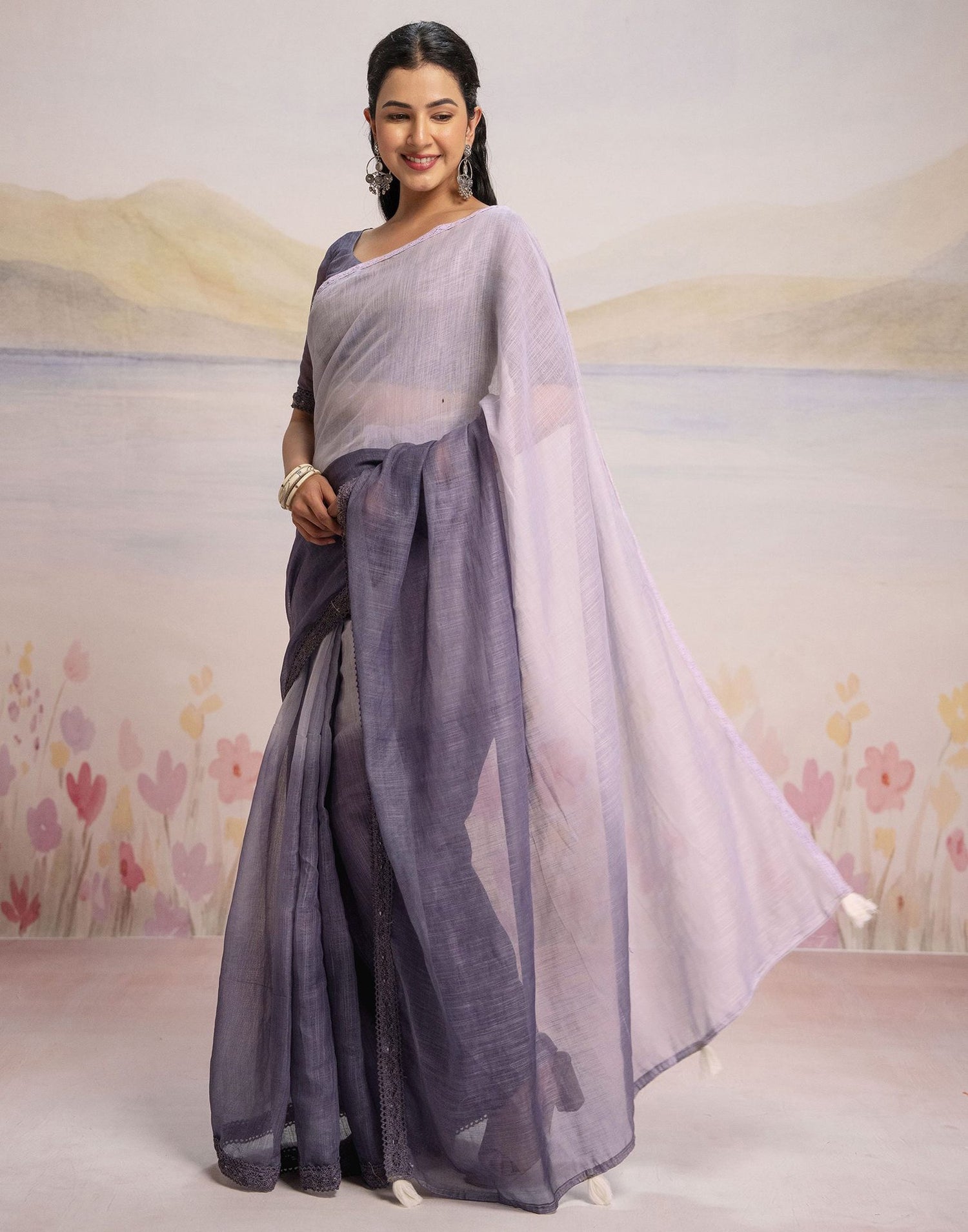 Ready To Wear Dusty Purple Linen Ombre Lace Saree With Pocket