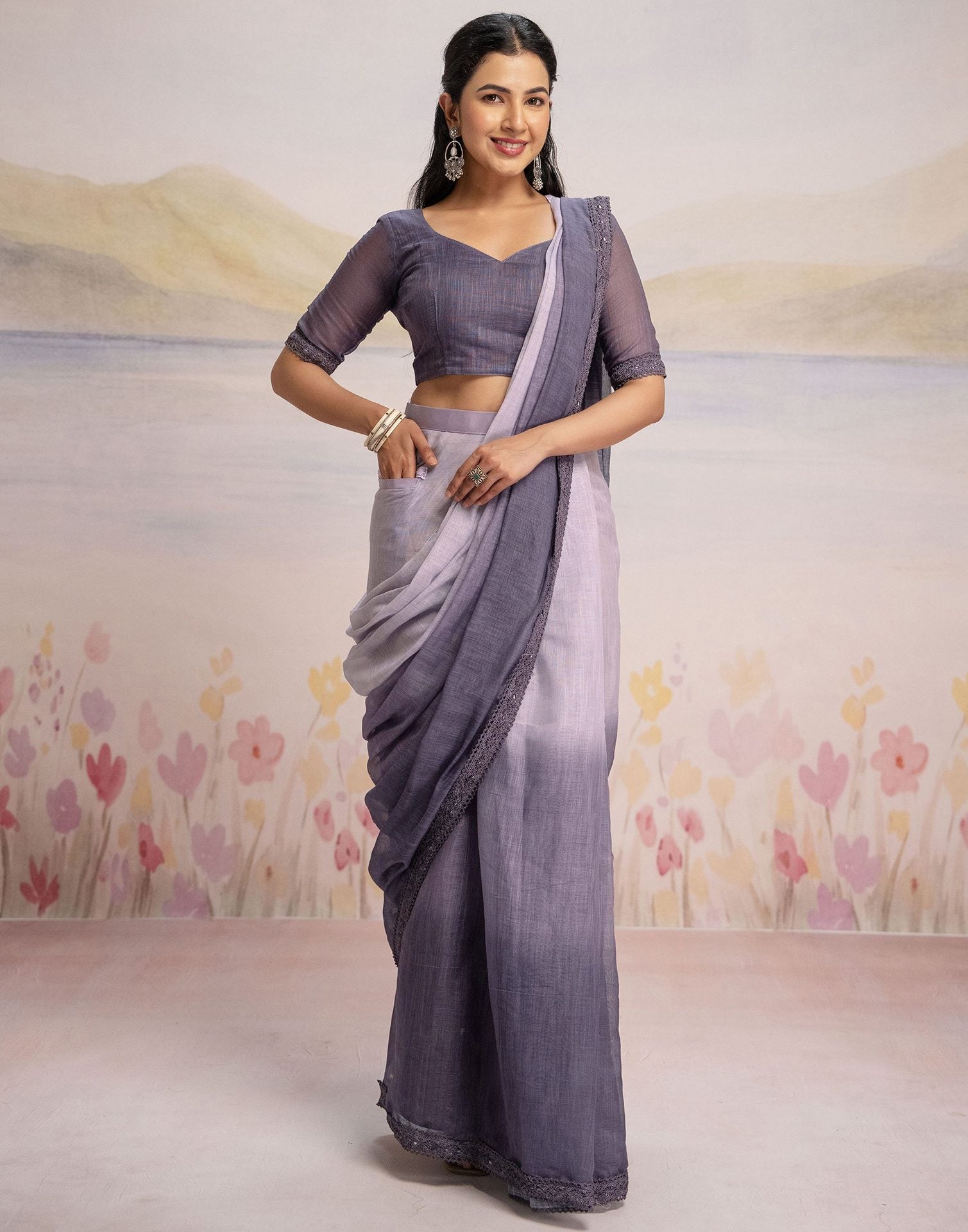 Ready To Wear Dusty Purple Linen Ombre Lace Saree With Pocket