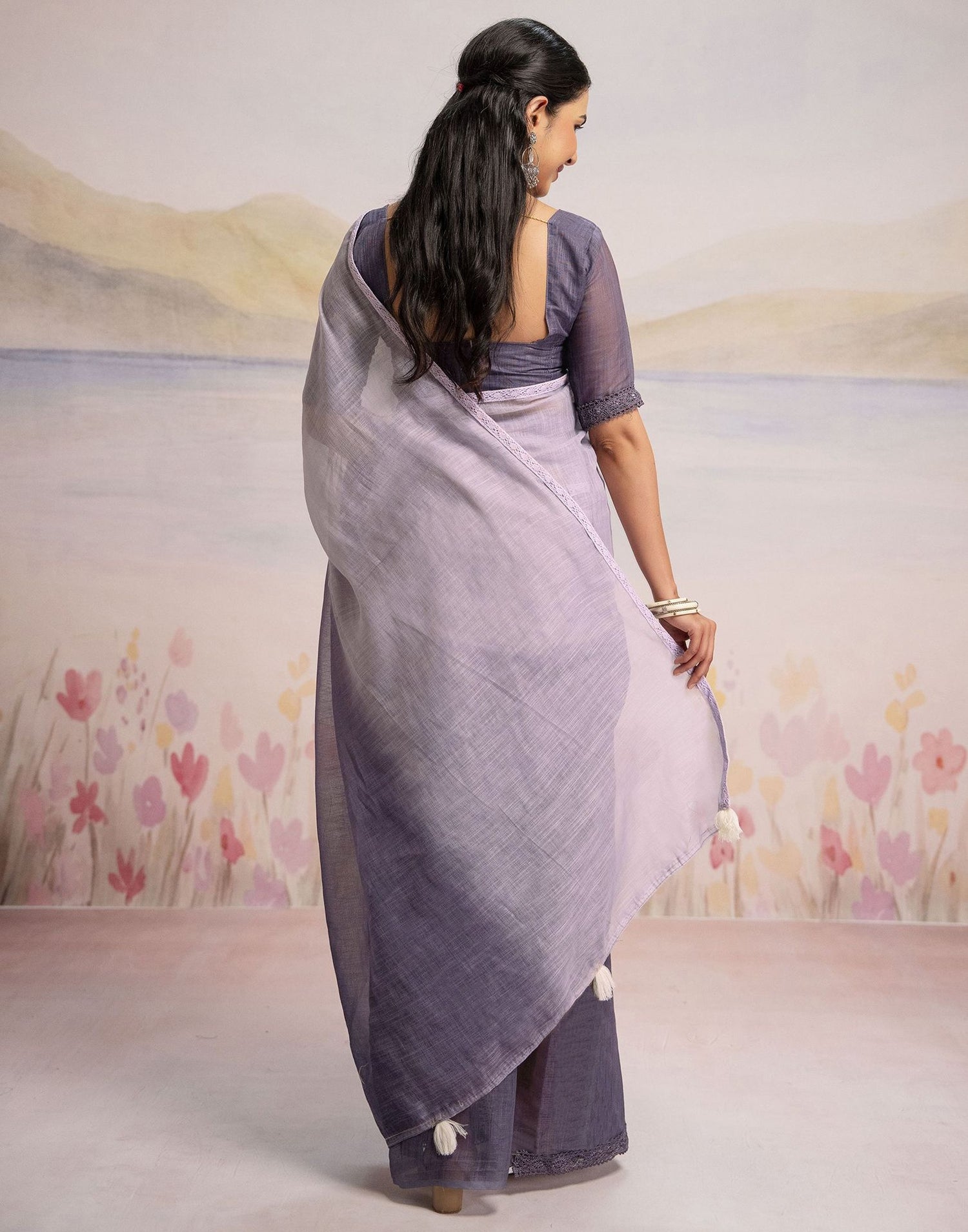 Ready To Wear Dusty Purple Linen Ombre Lace Saree With Pocket