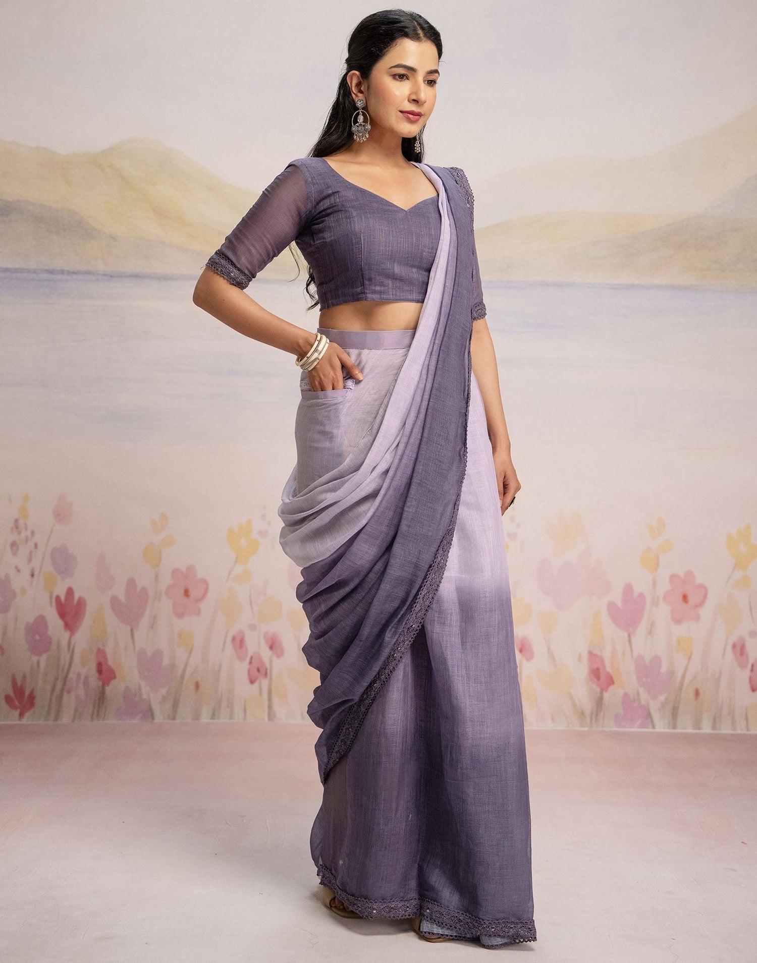 Ready To Wear Dusty Purple Linen Ombre Lace Saree With Pocket