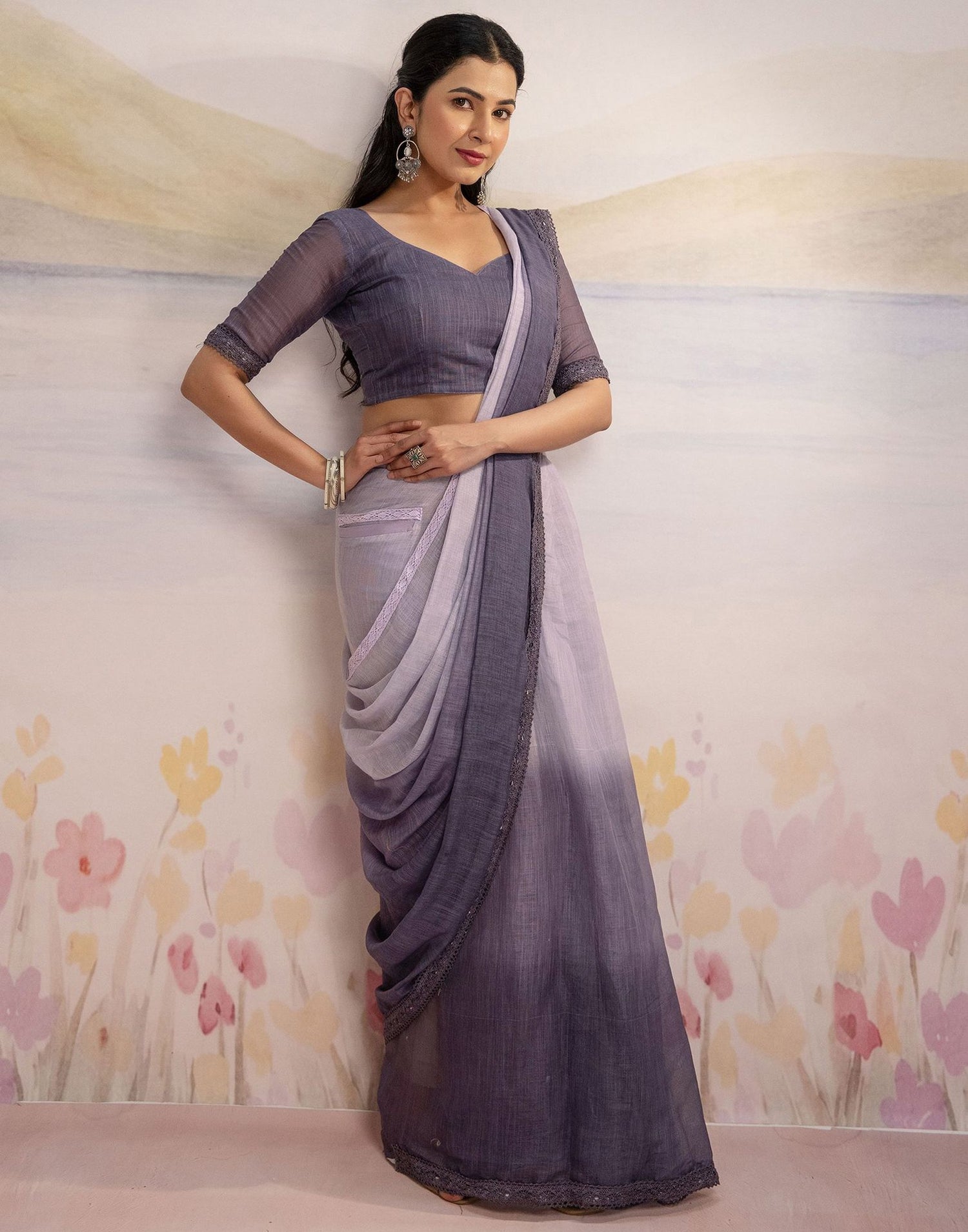Ready To Wear Dusty Purple Linen Ombre Lace Saree With Pocket