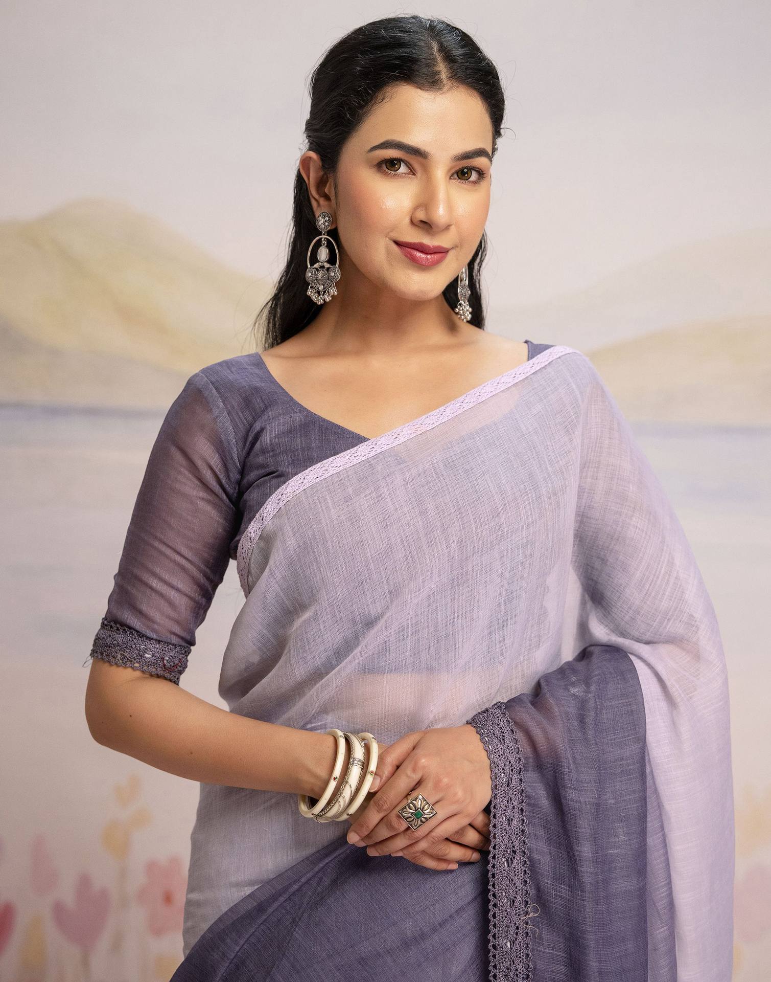 Ready To Wear Dusty Purple Linen Ombre Lace Saree With Pocket