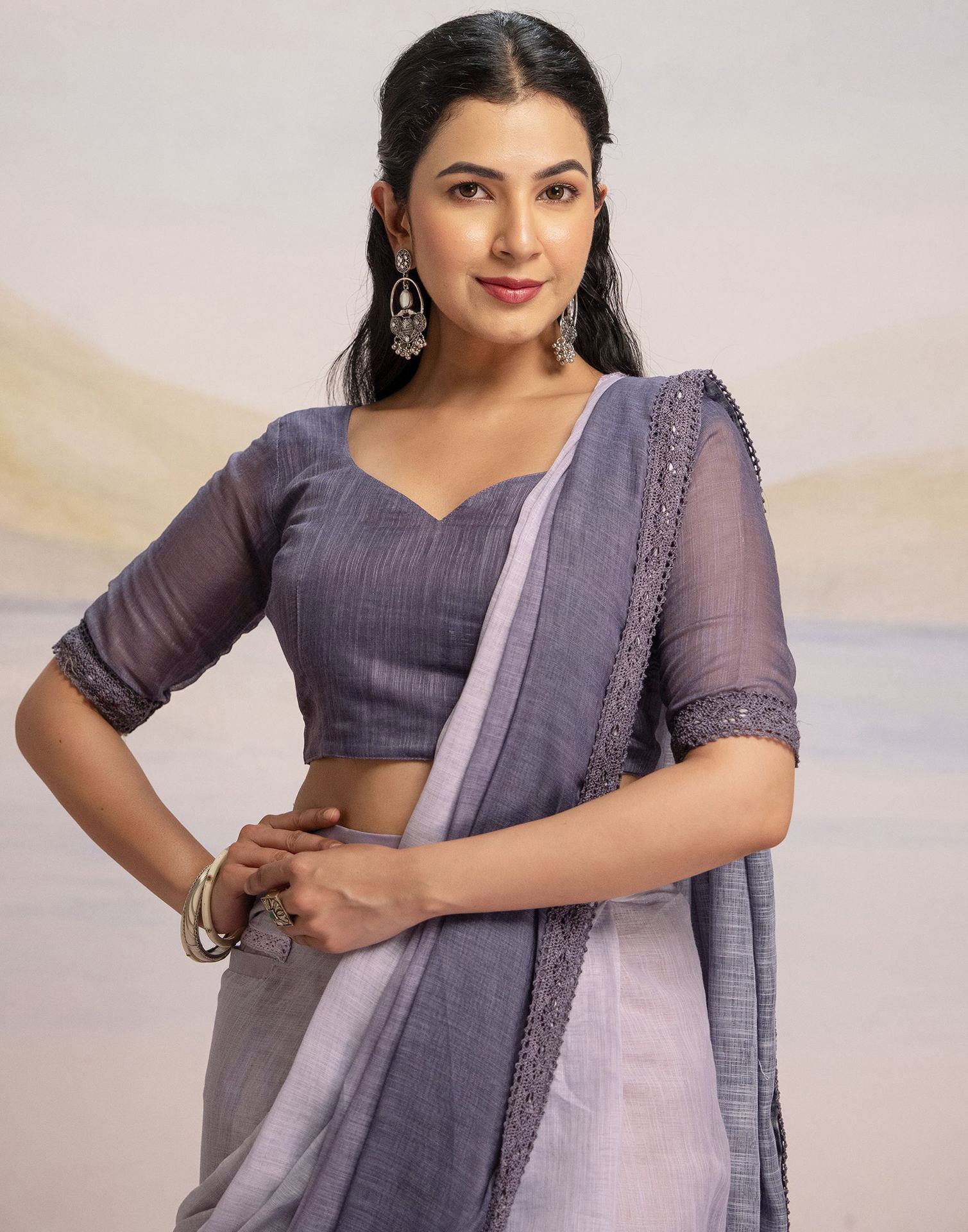 Ready To Wear Dusty Purple Linen Ombre Lace Saree With Pocket
